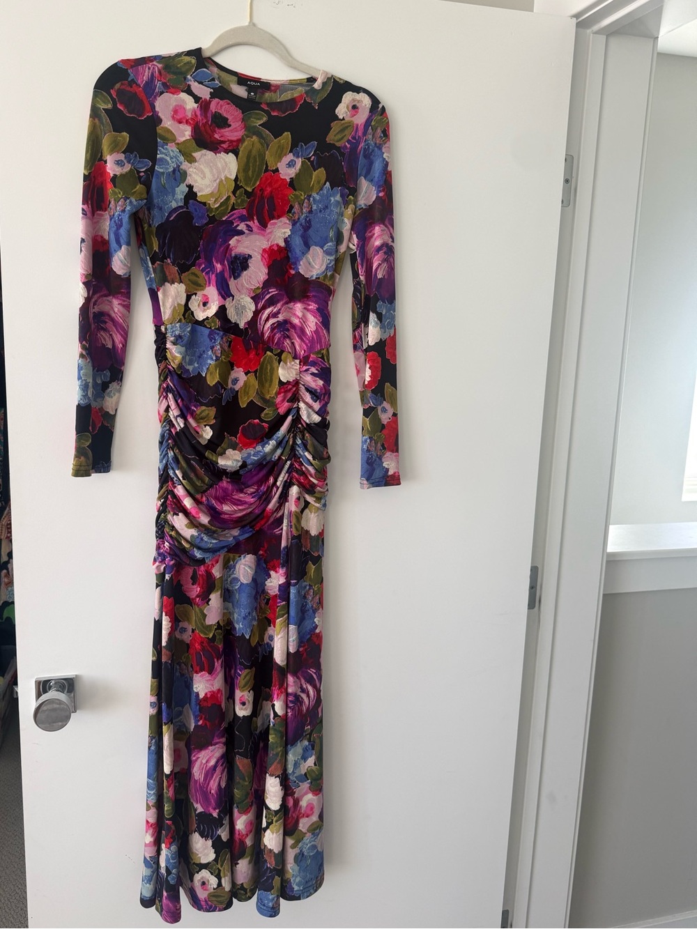 Aqua Long-Sleeve Jersey Floral Maxi Dress in Black Multicolor with High Slit